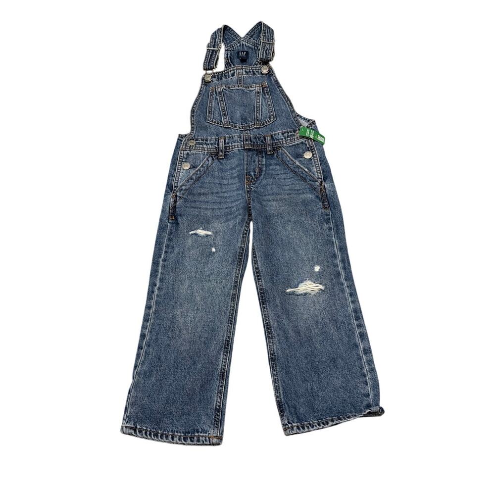 Gap Kids Distressed Denim Overalls Girls Size M 8 Loose Fit Light Wash Jeans NEW
